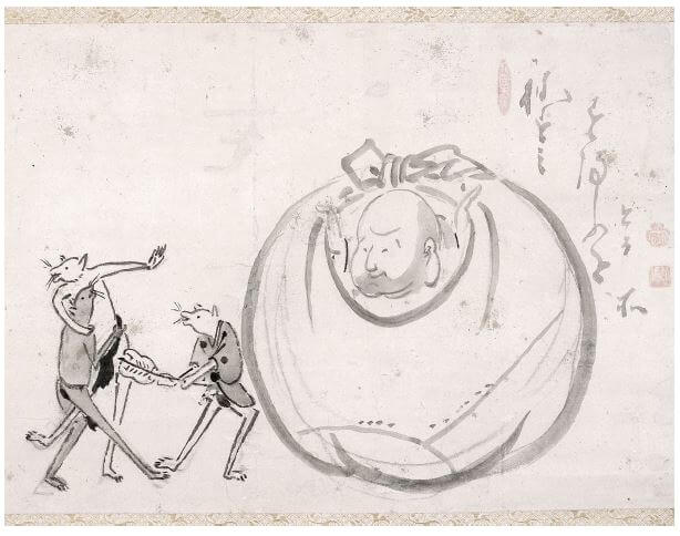 Hotei Watching Mice Sumo. Ink on paper, 37.2 x 52.4 cm. Ginshu collection.