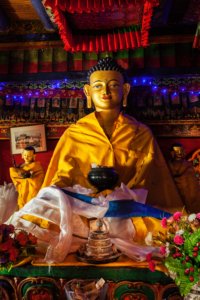 Buddha Sakyamuni statue in Spituk Gompa (Tibetan Buddhist monastery)