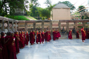 Young Tibetan Monks lined up to do a ritual under the Bodhi tree