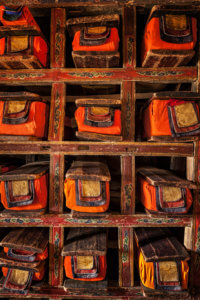 Tibetan Buddhist Teaching Throne, cloth covered manuscripts, scared Buddhist texts