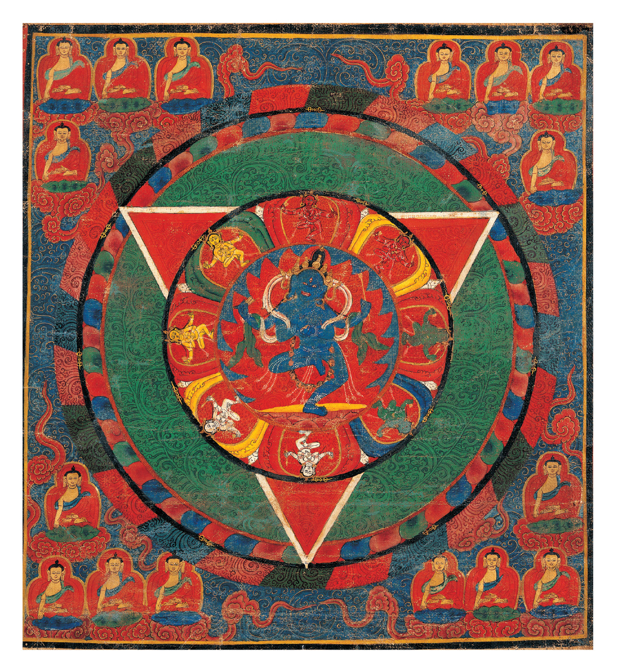Mandalas 3-FM + Intro 3-22-06 A richly colored mandala of buddhas, with Nairatmya in the center of a red inverted triangle.