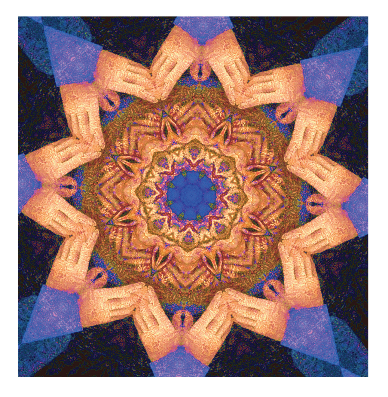 Mandalas 3-FM + Intro 3-22-06 A mandala of hands around a circle of prismatic patterns.