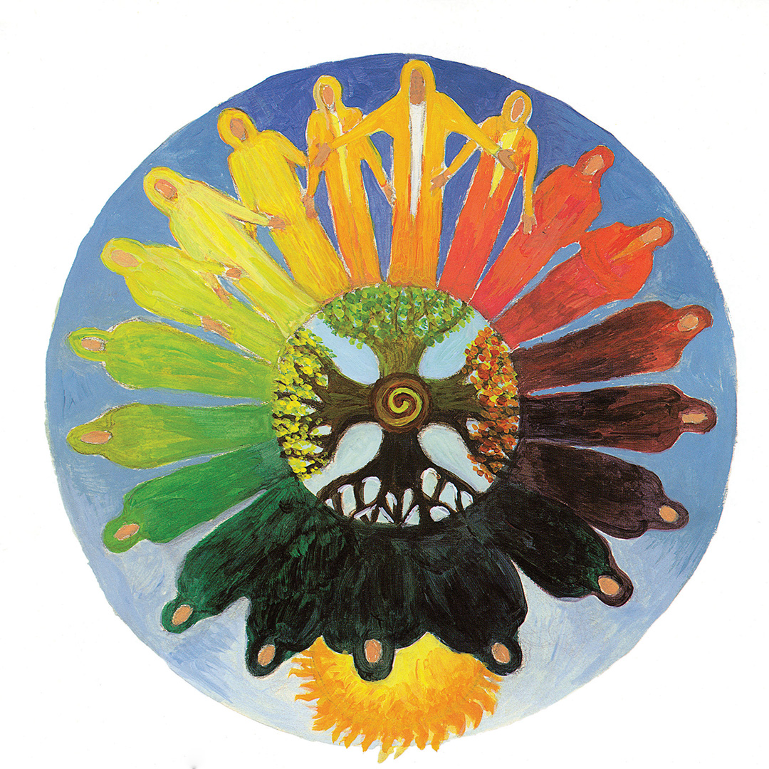 Plate 4 A mandala of human figures dressed in colors representing the seasons with a tree of life in the center.