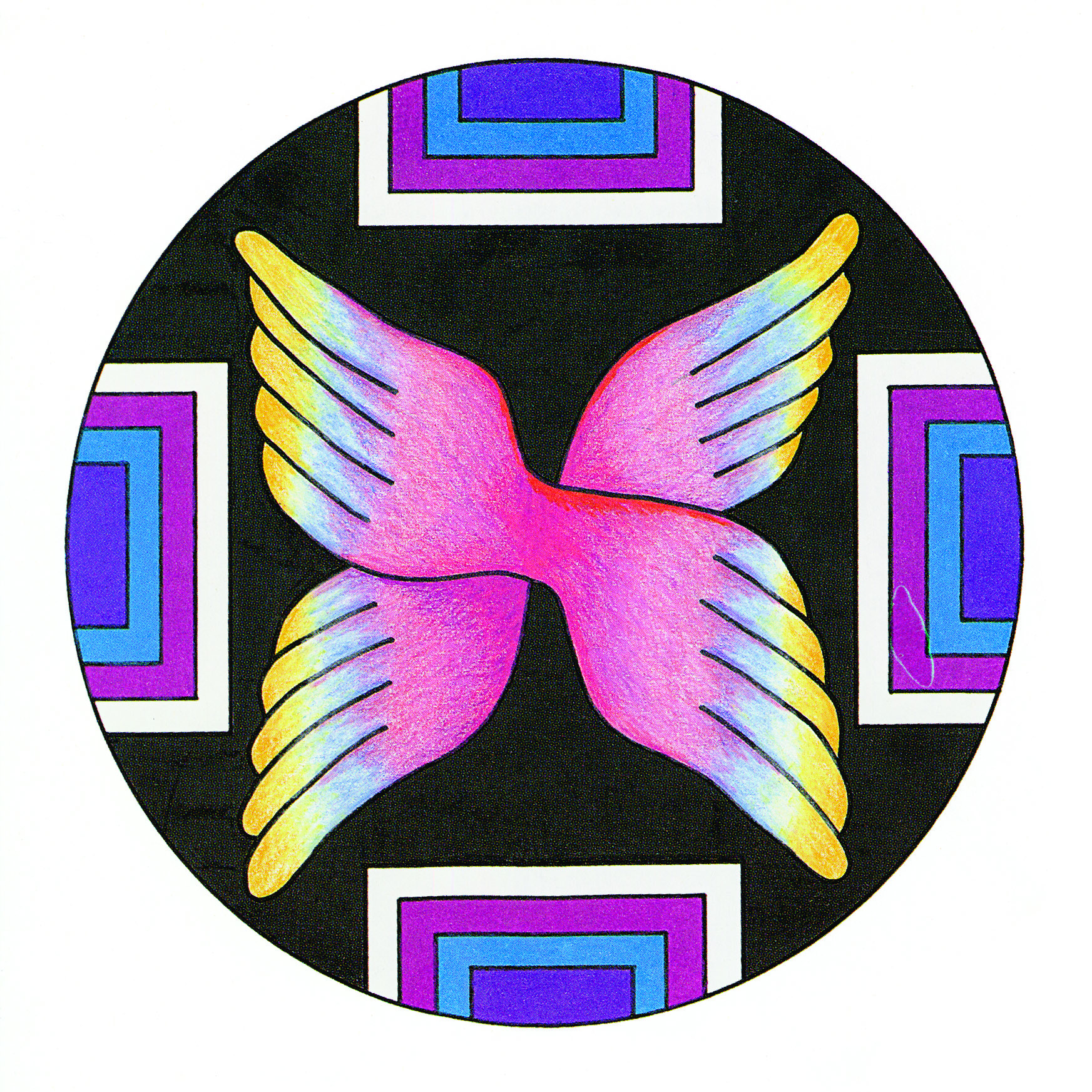 Plate_12 A mandala with a pink, wing-like shape in the center, richly colored squares at the edges, and a black background.