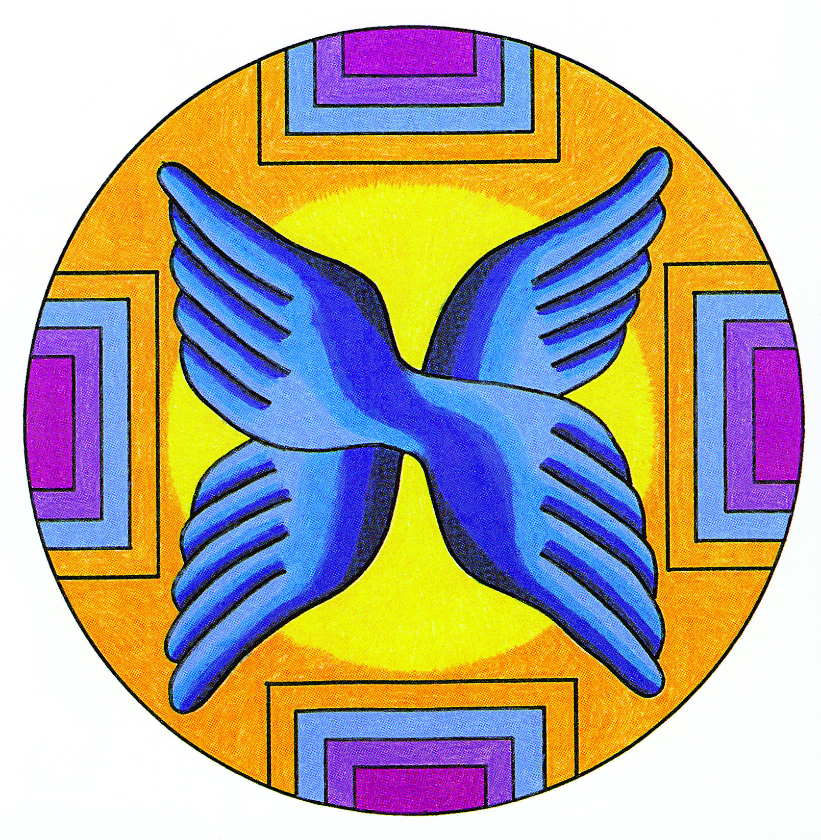 Plate_13 A golden mandala with abstract blue wings in the center.