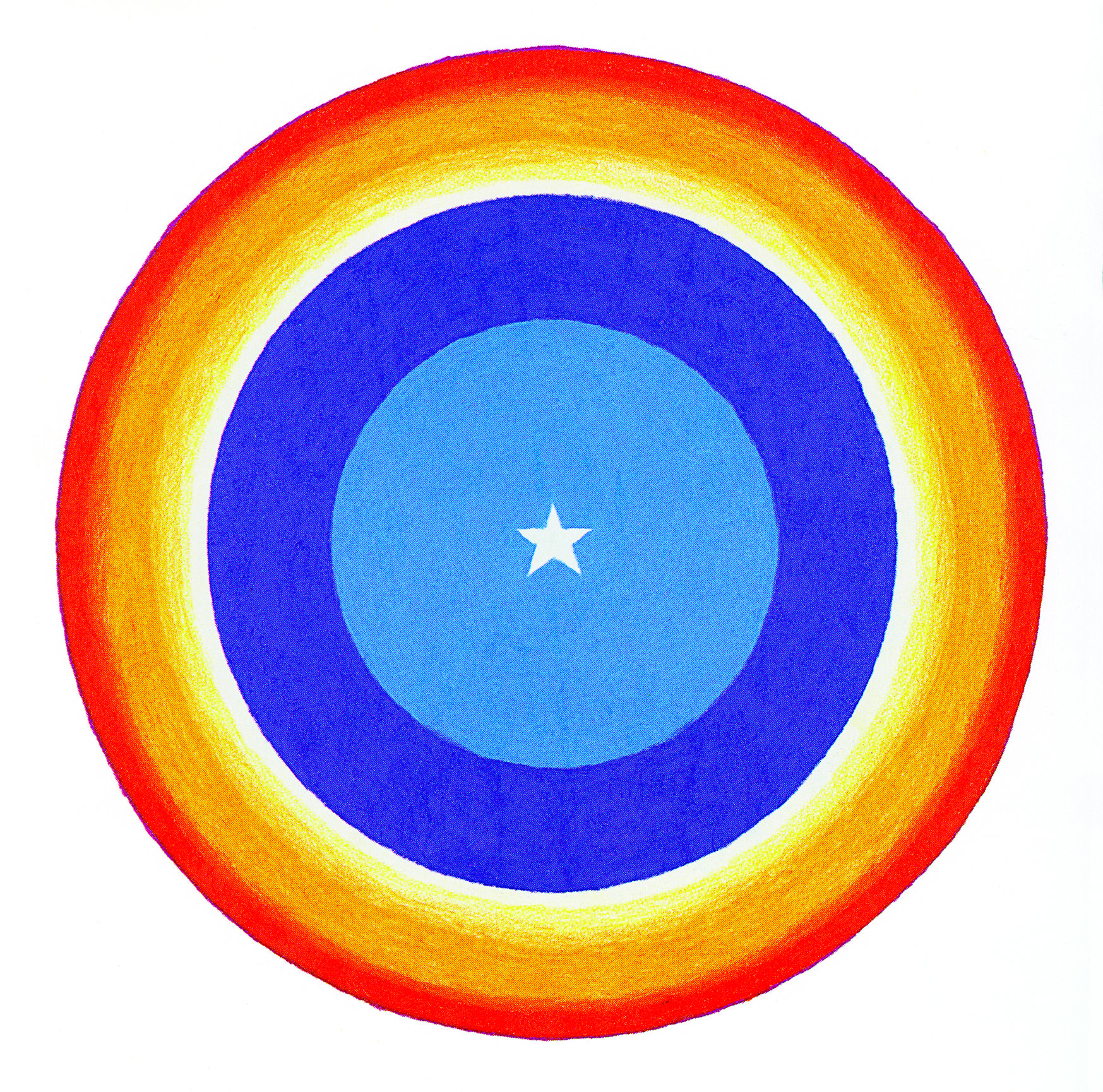Plate_3 A mandala of bright red, yellow, and blue with a small white star in the center.