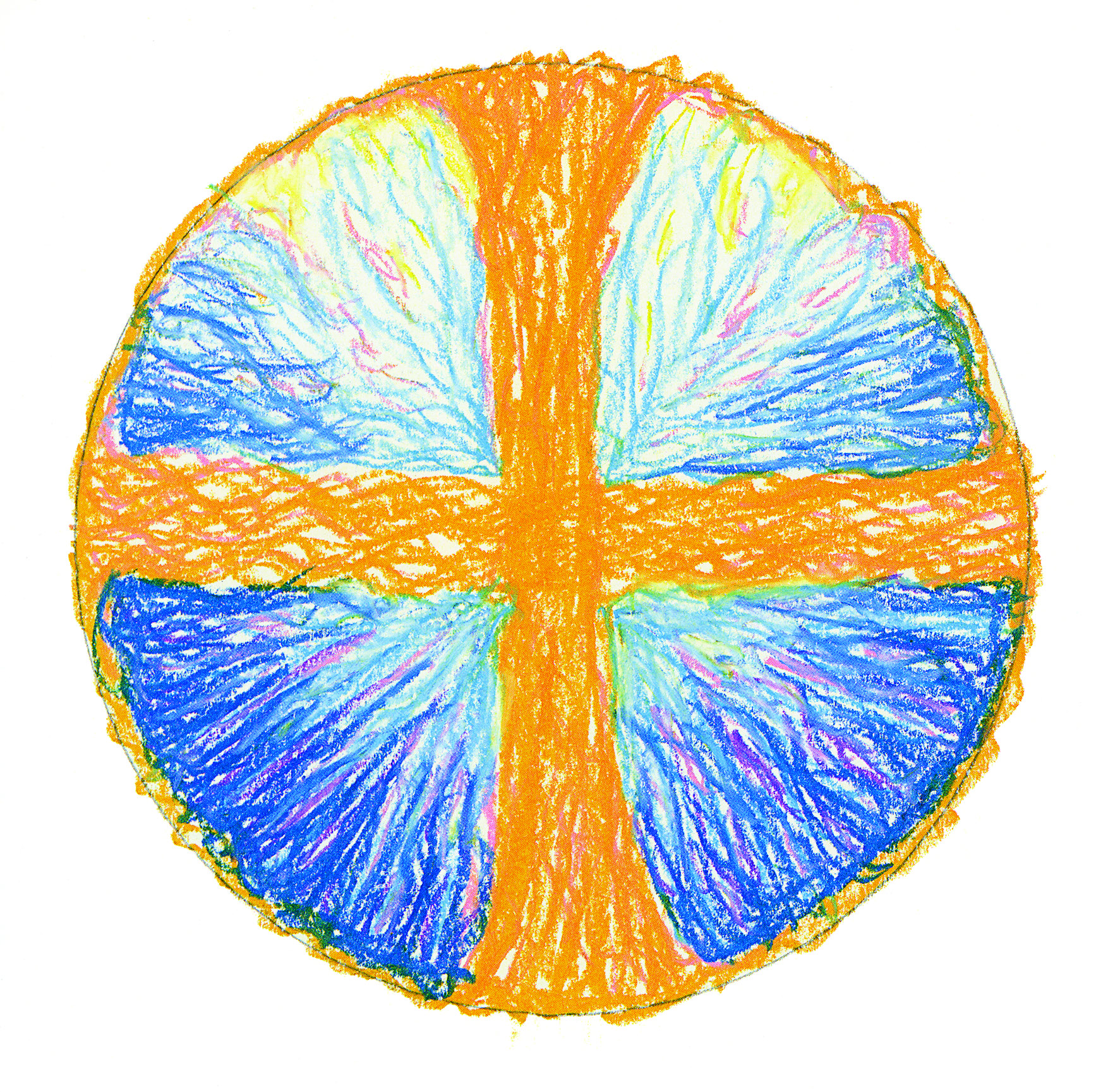Plate_5 A golden cross mandala with four quadrants of blue.