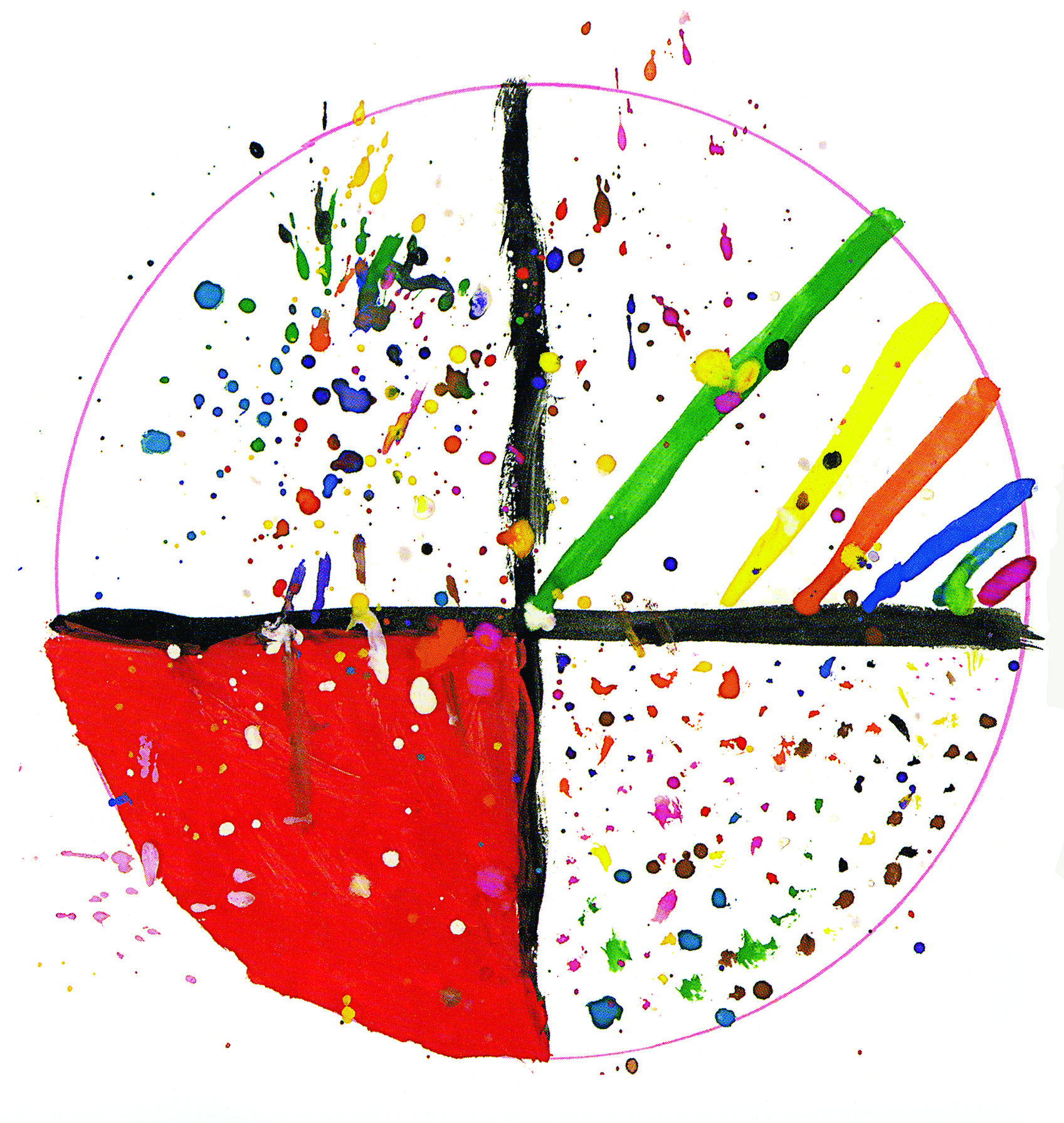 Plate_6 An abstract mandala with four quadrants of speckles and lines in primary colors.