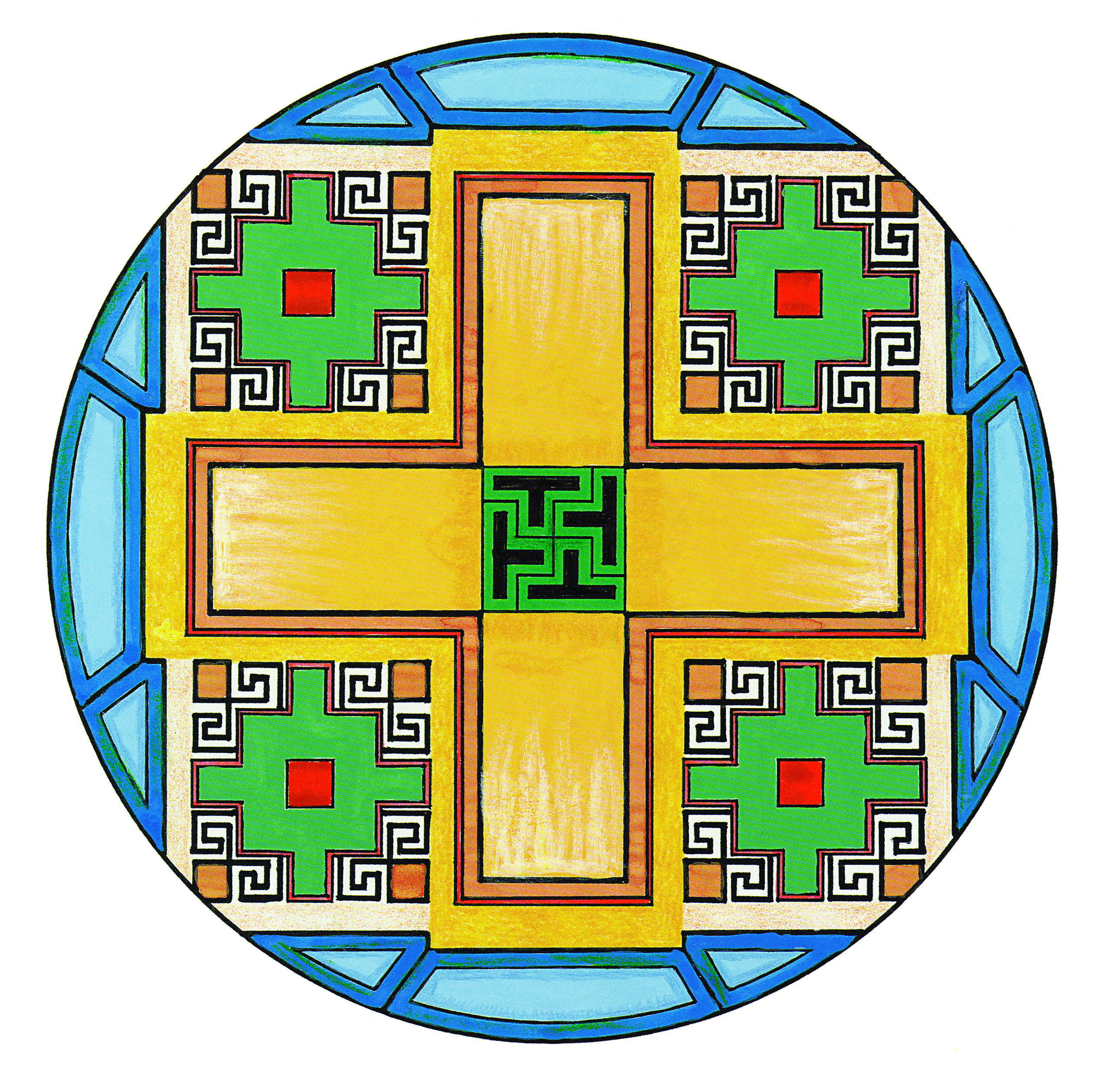 Plate_7 A golden cross mandala, with detailed designs in green, red, and blue.