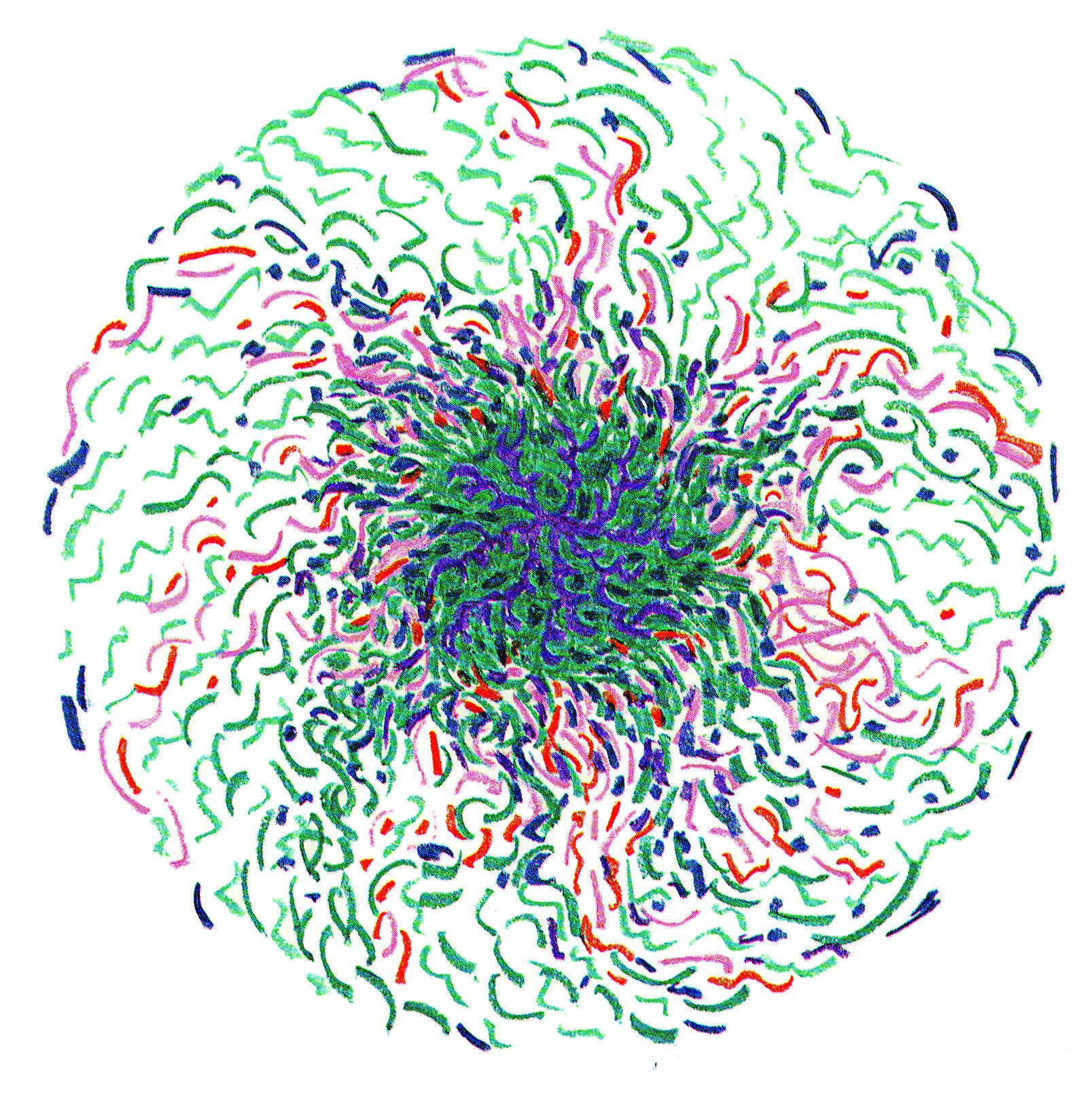 Plate_9 A swirling mandala of green, red, and purple squiggles.